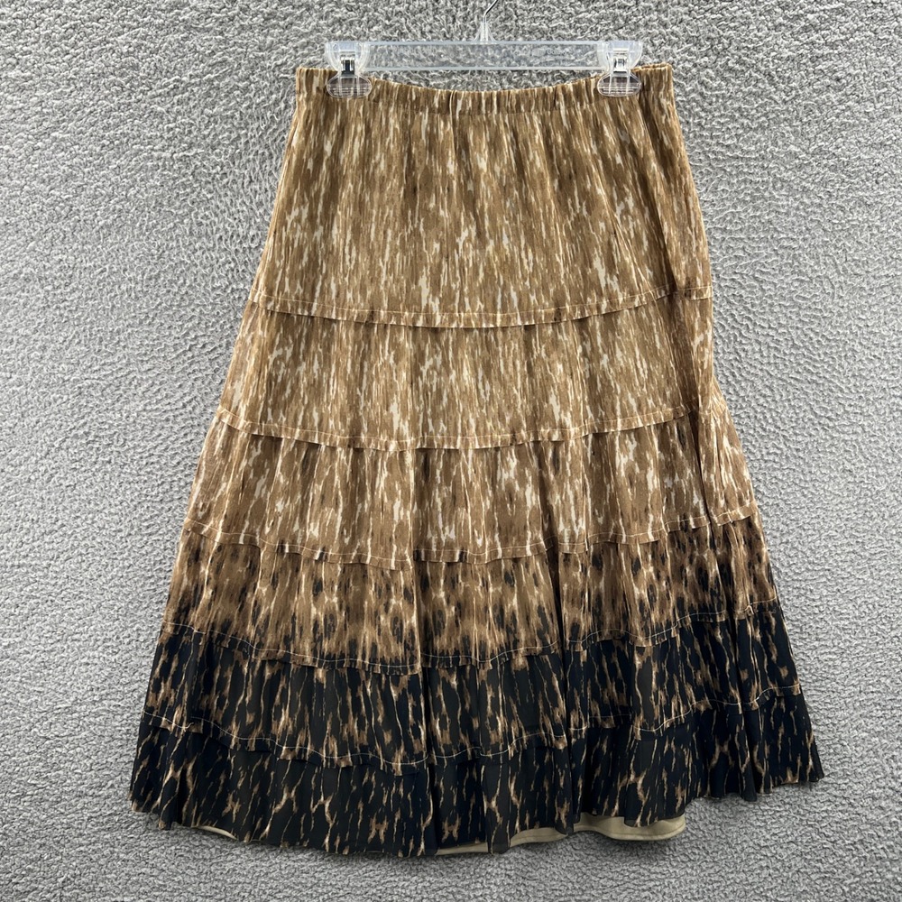 Women Boho Tiered Maxi Skirt L Pull On Flowy Animal Print Resort Vacation Travel